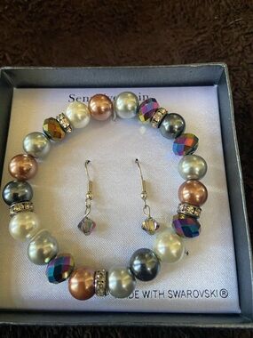 Swarovski-Inspired Multicolor Pearl Stretch Bracelet and Earrings Set